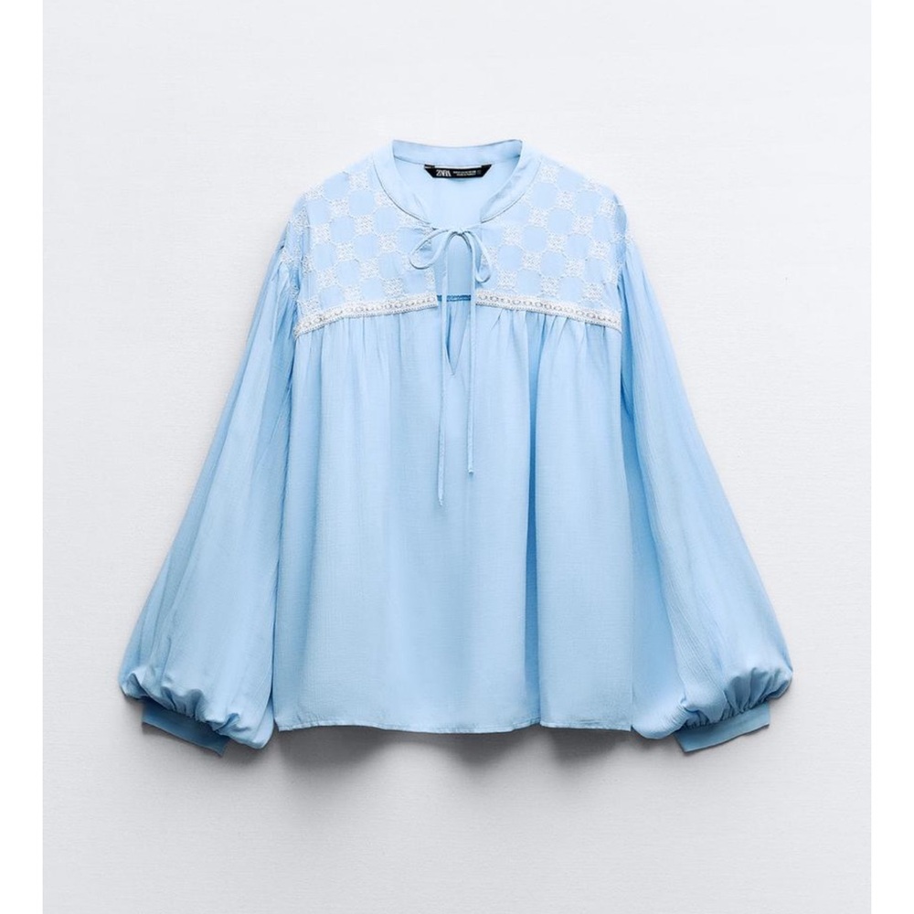 NWT - Zara Sky Blue Long Sleeve Embroidered Blouse - size XS